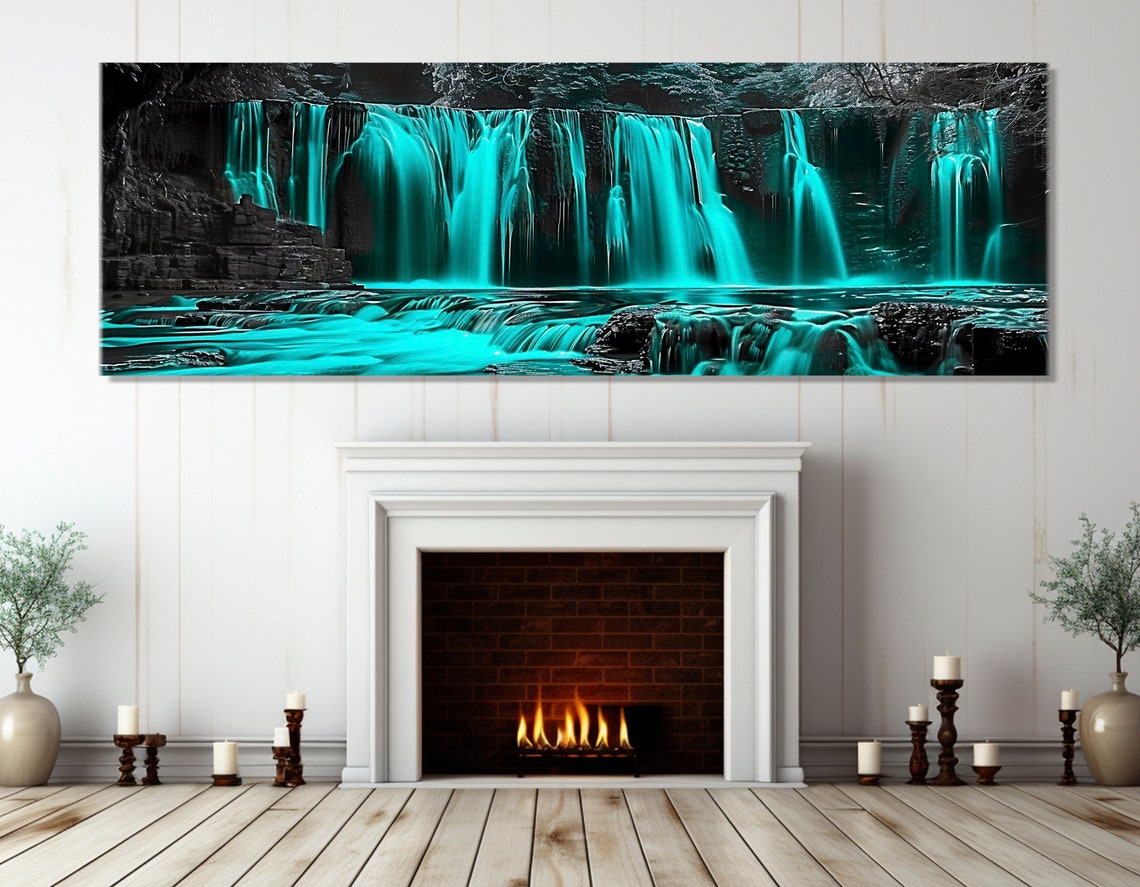 Abstract Waterfall Print Scenic Waterfall Wall Art Cyan Wall Decor Nature Landscape Painting Framed And Ready To Hang - Image 2