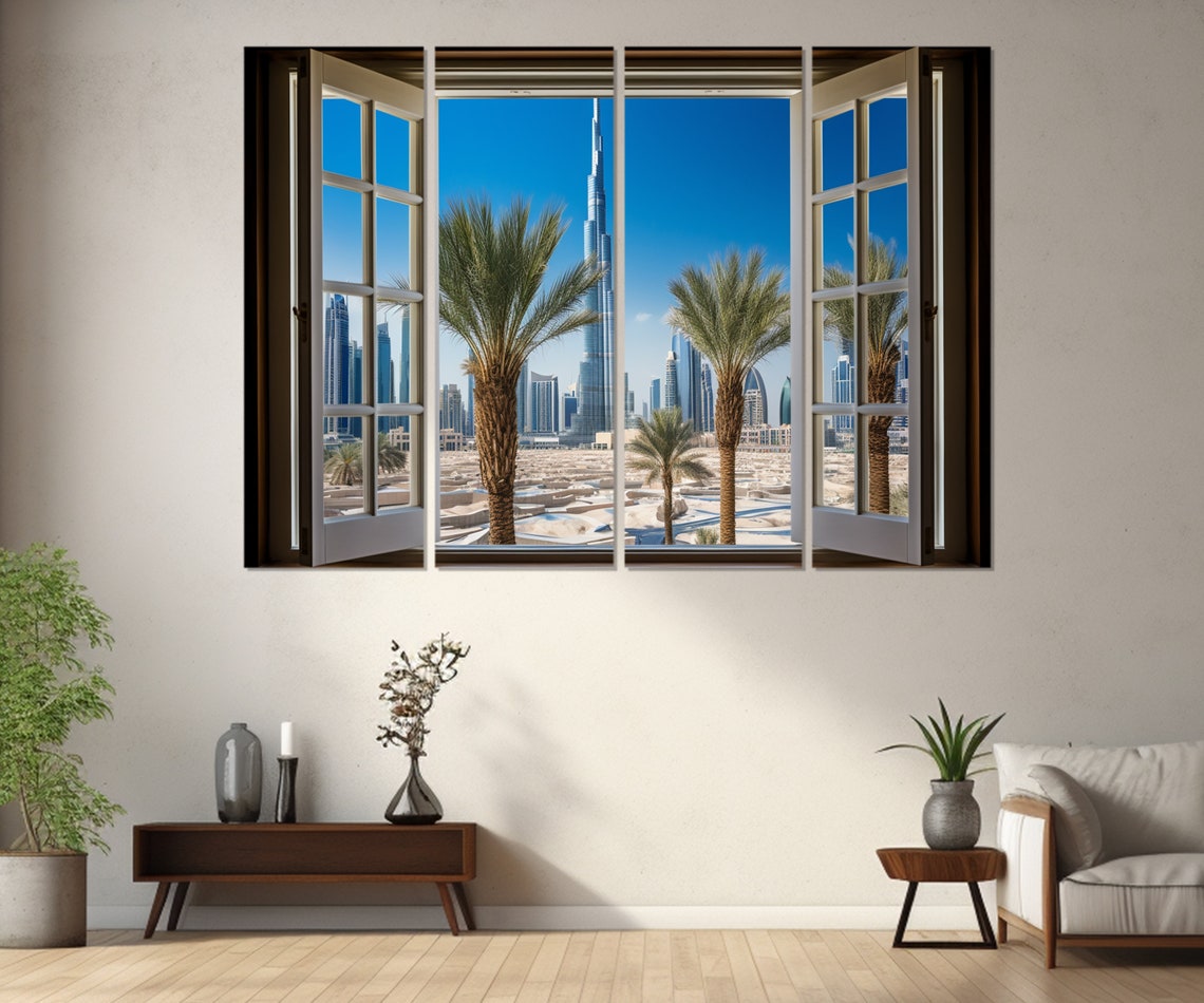 Dubai Burj Khalifa Skyline Palm Trees Open Window City View Poster - Image 2