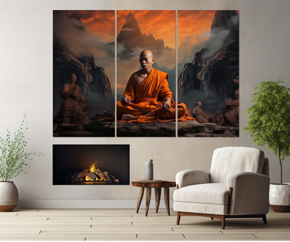 Buddhist Monk Meditating Orange Robes Mountain Sunset Wall Poster - Image 3