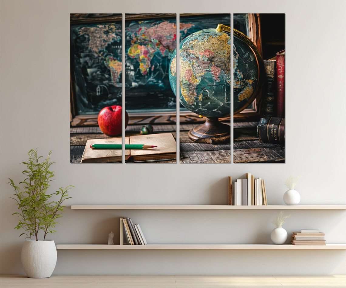 Vintage World Map Antique Globe Red Apple Notebook Travel Desk Poster - Image 3