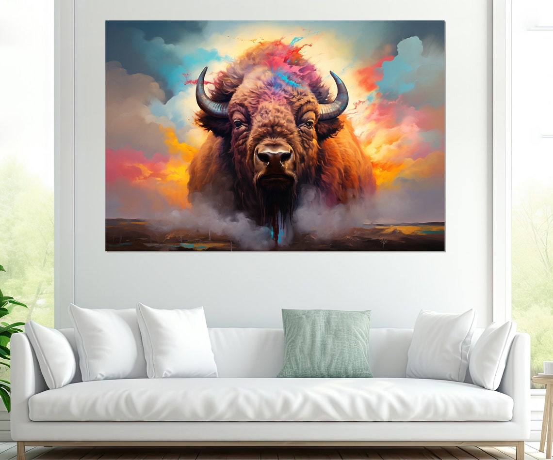 Majestic Bison Emerging From Colorful Sunset Clouds Wildlife Poster - Image 2