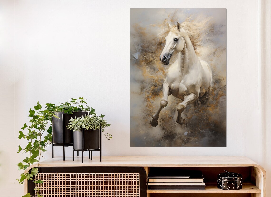 Galloping White Horse Abstract Gold Grey Background Equine Poster