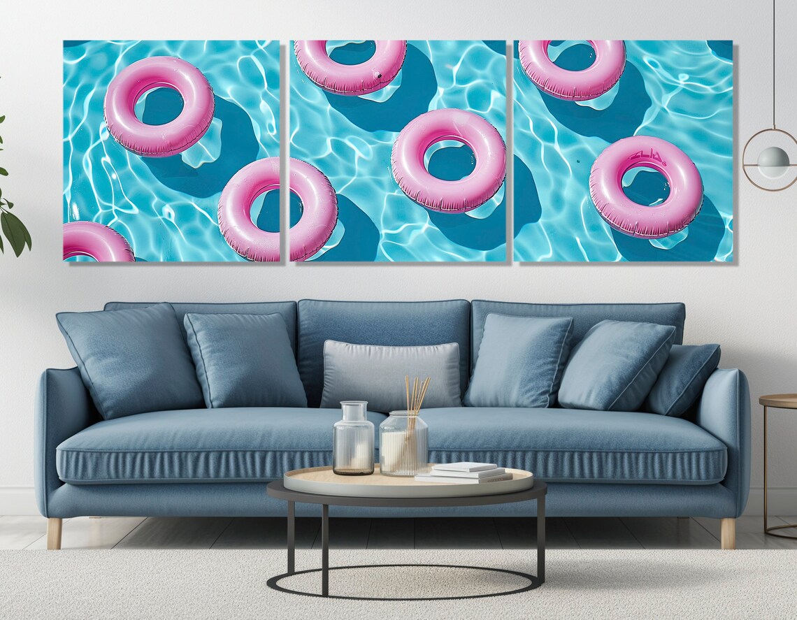 Pink Pool Floats Turquoise Water Top Down Summer Aerial View Poster - Image 3