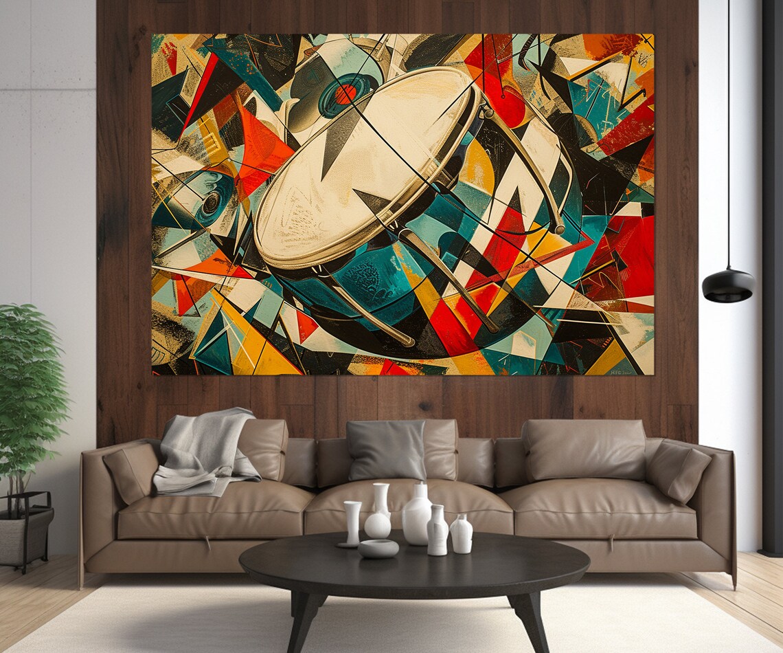 Abstract Cubist Drum Geometric Red Teal Modern Music Room Wall Art Poster