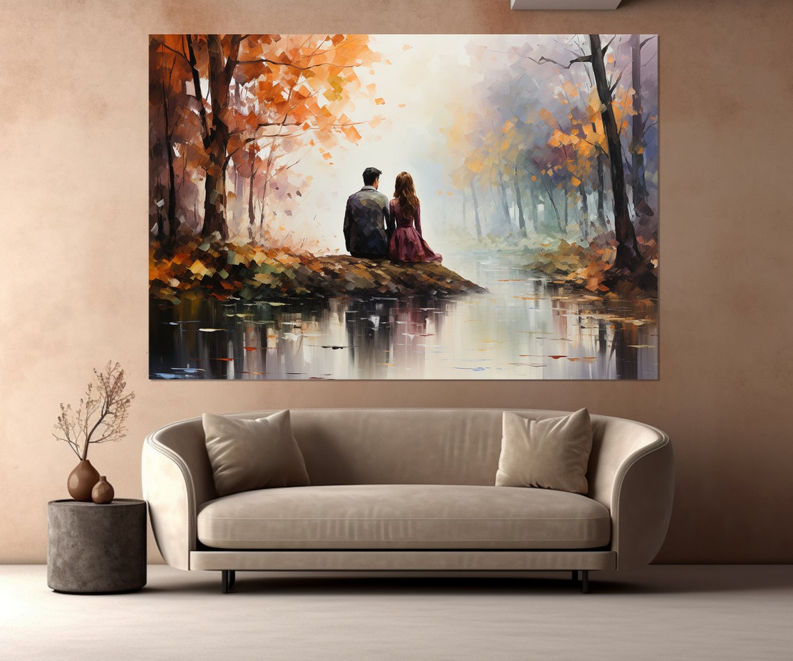 Romantic Couple By Autumn Lake Misty Forest Triptych Wall Poster - Image 3