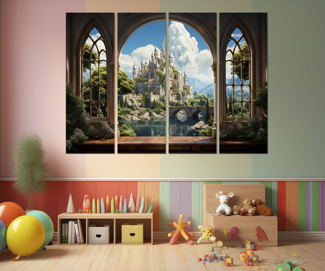 Fairytale Castle Through Gothic Stone Window Bridge Lake Fantasy Wall Poster - Image 3