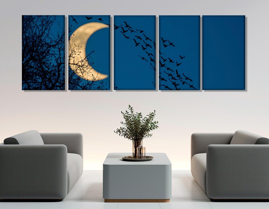 Crescent Moon Night Sky Flock of Birds Silhouette Dark Blue Art Poster - Image 2
