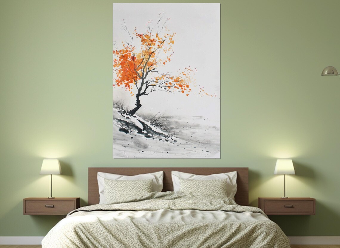 Orange Autumn Tree Ink Wash Asian Style Minimalist Nature Art Poster - Image 4