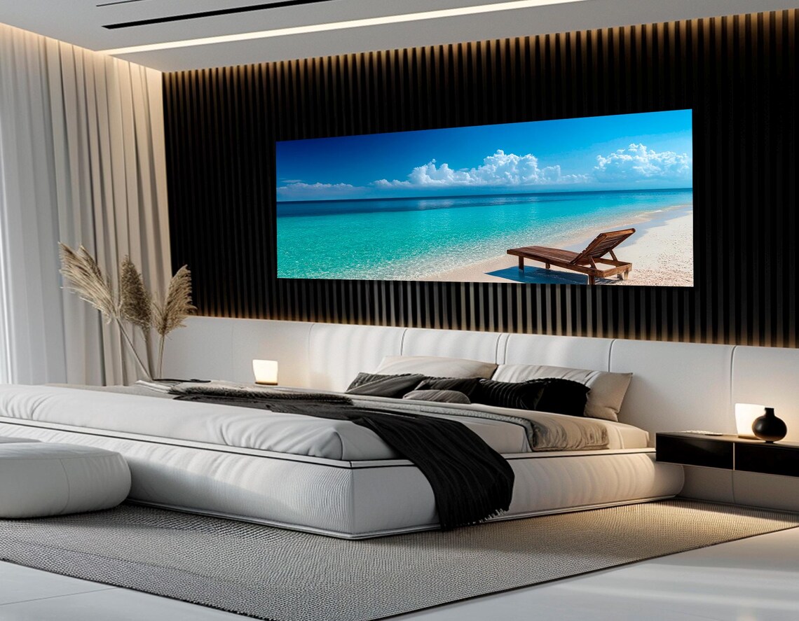 Maldives Tropical Beach Turquoise Water Wooden Lounger Panorama Poster - Image 3