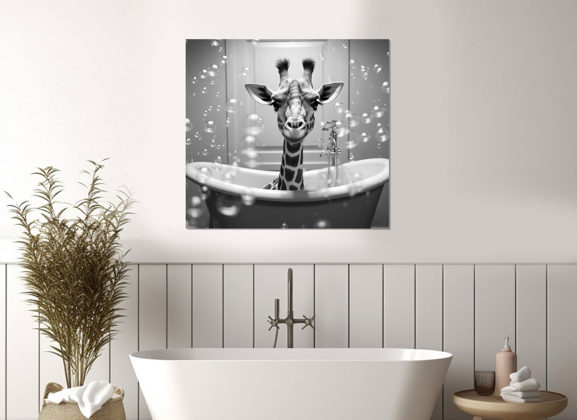 Cute Giraffe in Bathtub Black and White Funny Bathroom Wall Art Poster - Image 4
