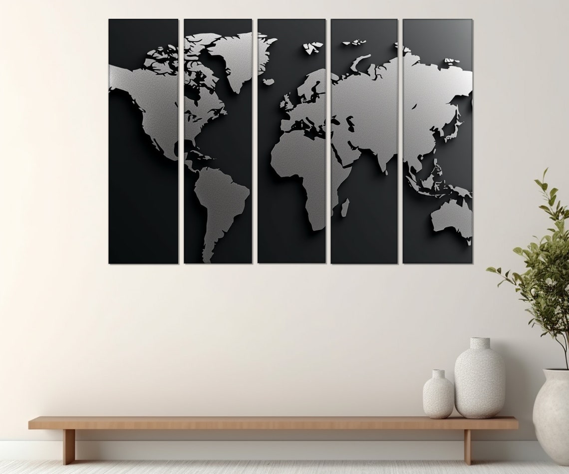 Monochrome World Map Black Silver 3D Relief Modern Office Decor Print - Image 3