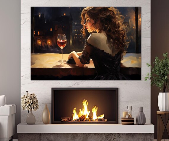 Elegant Lady With Red Wine Glass Night City Lights Romantic Painting Poster