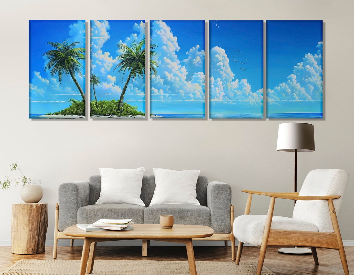 Tropical Desert Island Palm Trees Blue Ocean Panoramic Beach Poster - Image 3