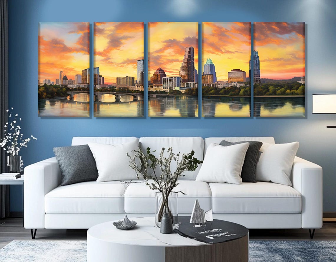 Abstract Austin Sunset Print Austin Wall Art Evening Austin Skyline Large Austin Painting Framed And Ready To Hang - Image 3