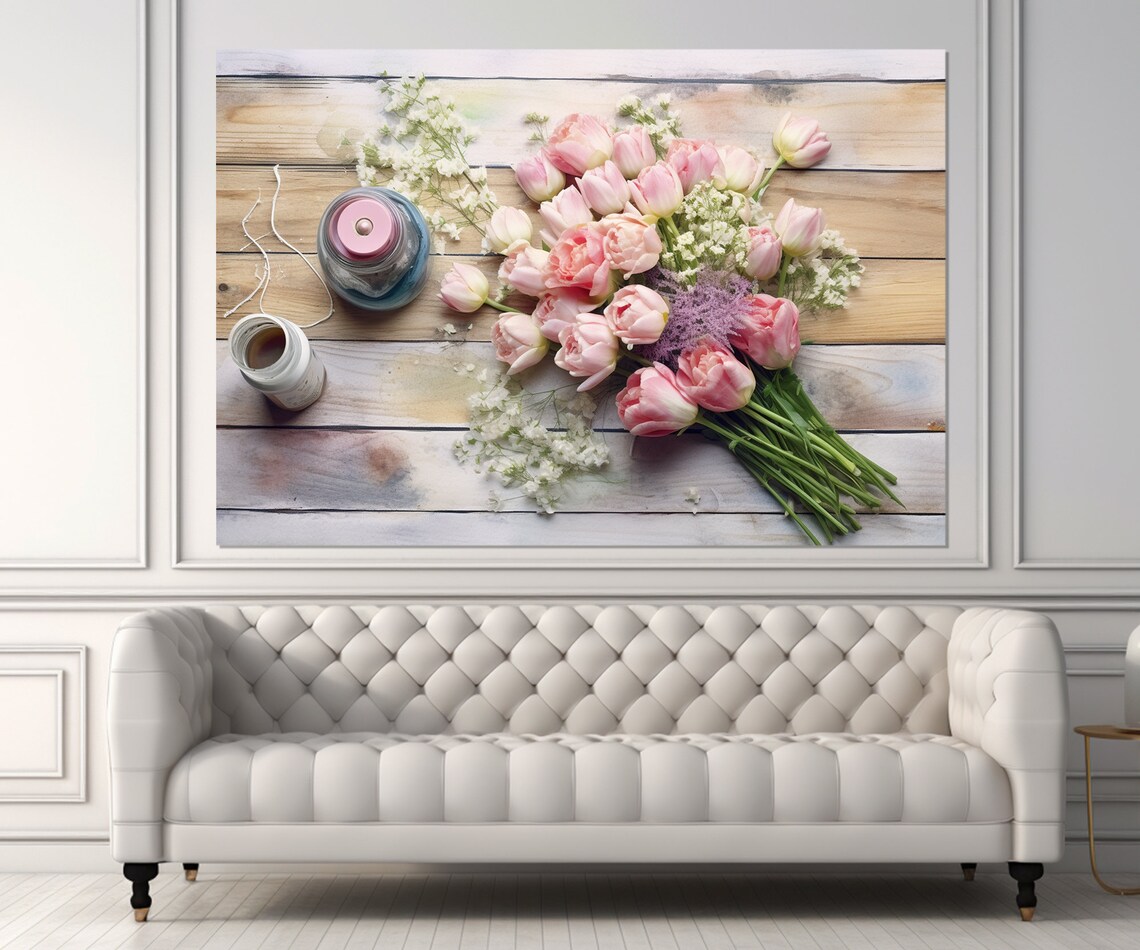 Pink Tulip Bouquet Baby Breath Rustic Wood Table Floral Poster