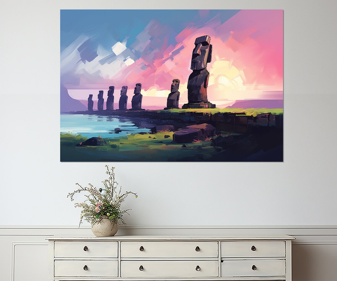 Easter Island Moai Statues Sunset Ocean Rapa Nui Painting Poster - Image 3
