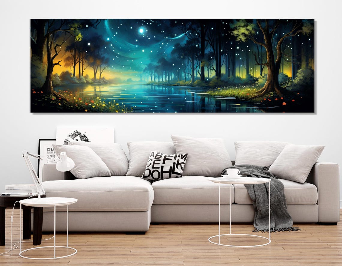 Fantasy Night Forest Fireflies Starry Sky River Panoramic Poster - Image 2