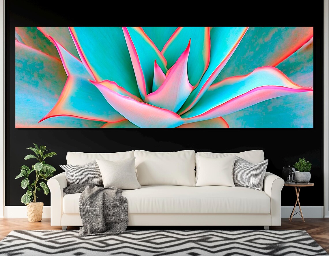 Aloe Striata Macro Neon Pink Turquoise Leaves Botanical Wall Art Print