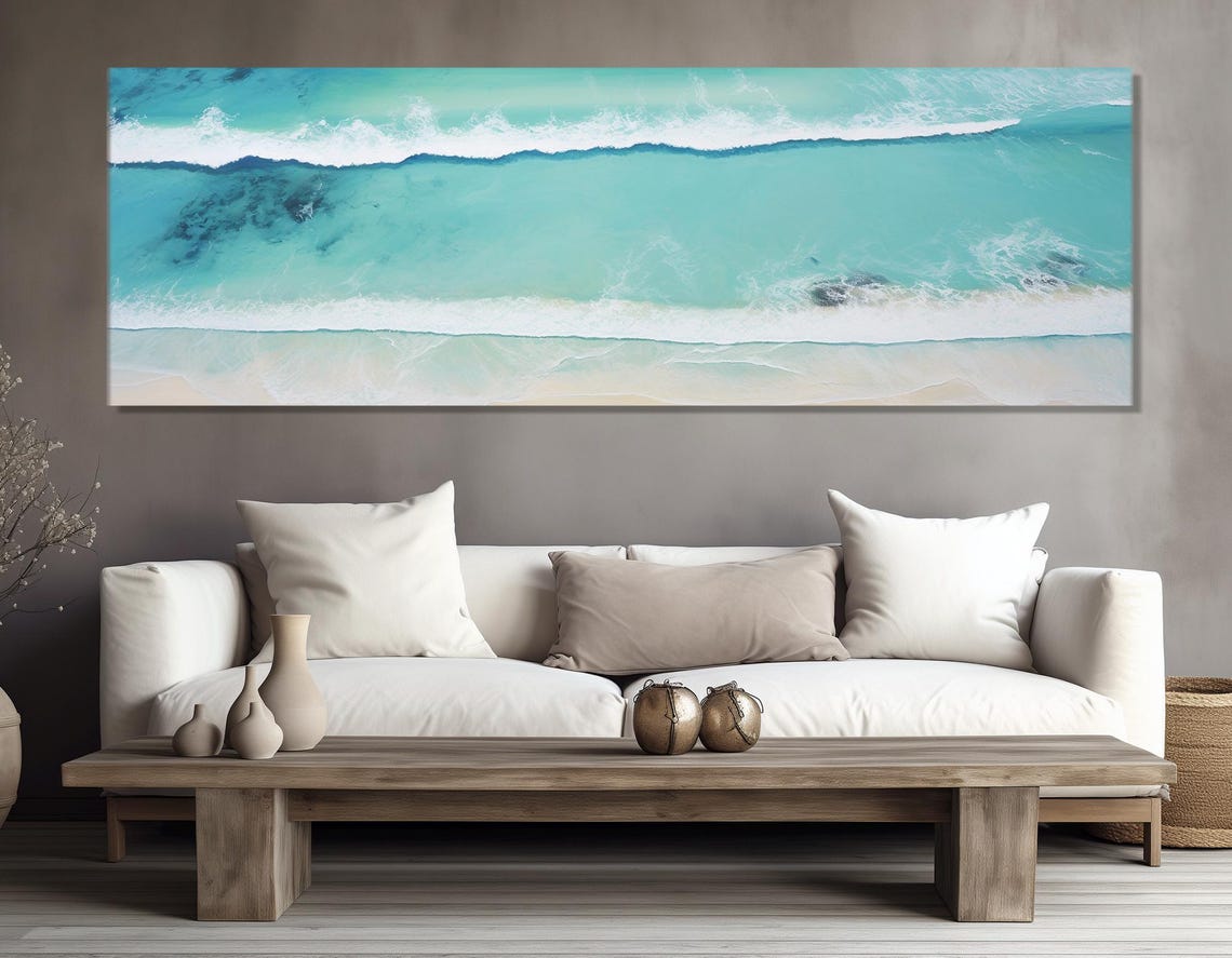 Turquoise Ocean Waves Aerial View Sandy Beach Coastal Wall Art Poster