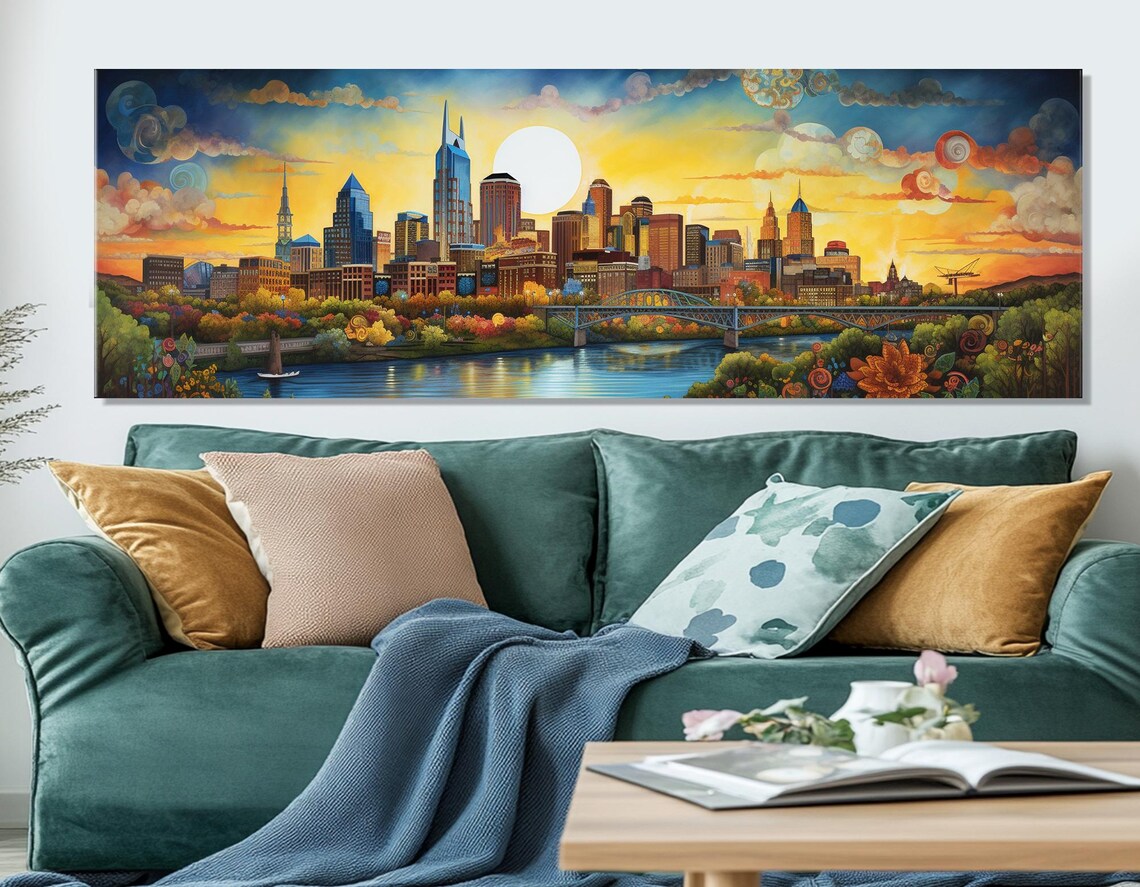Nashville Skyline Sunset Golden River Painting Panoramic Travel Poster