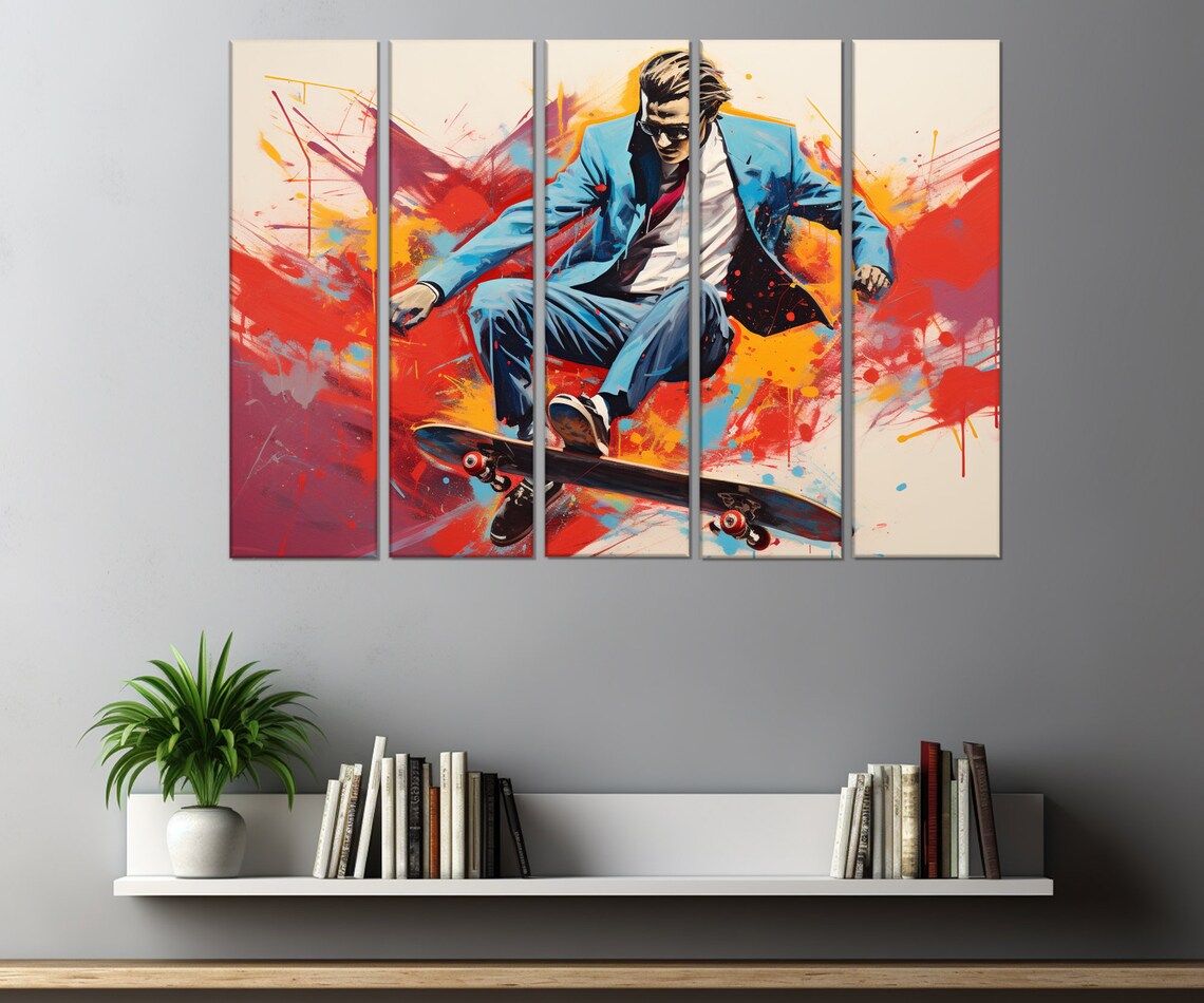 Businessman In Suit Skateboarding Trick Bold Pop Art Wall Poster - Image 3