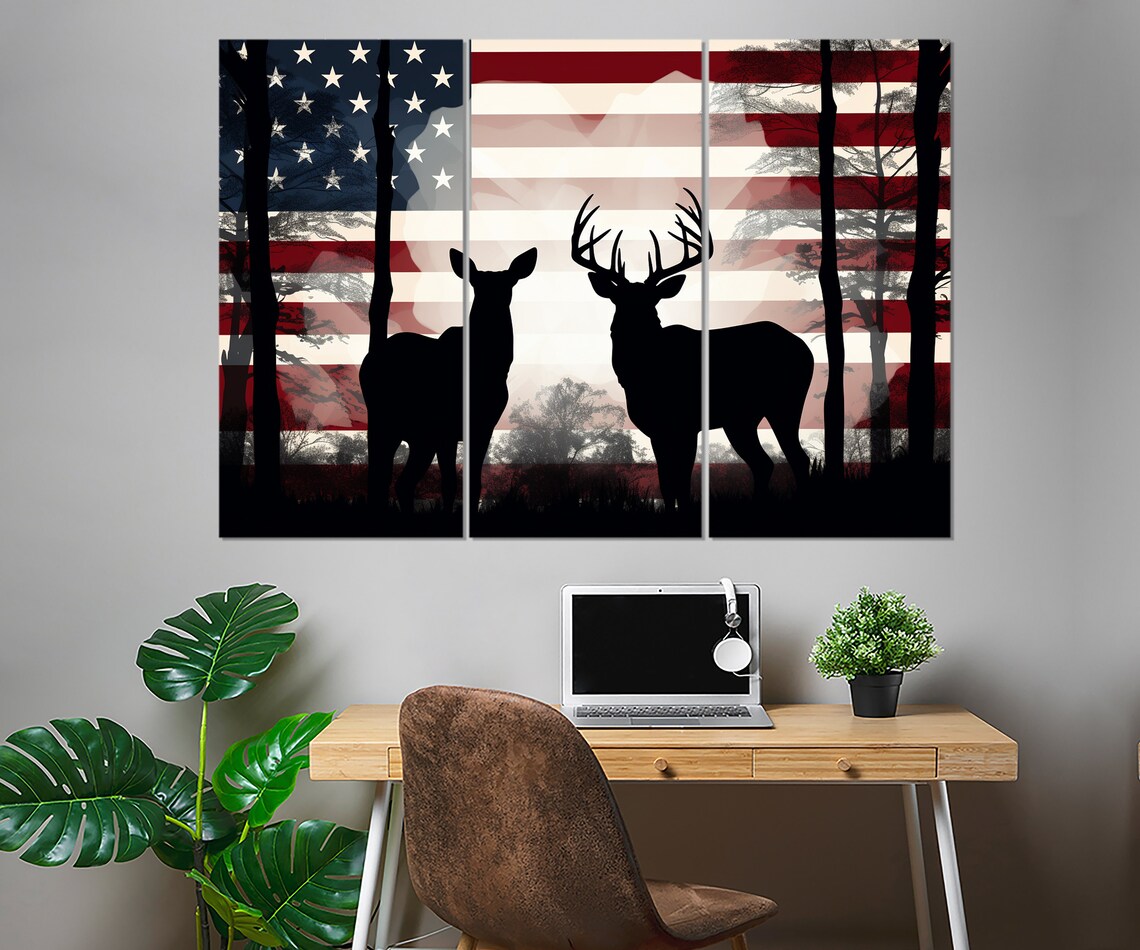Deer Silhouette Buck Doe American Flag Forest Patriotic Wall Art - Image 3
