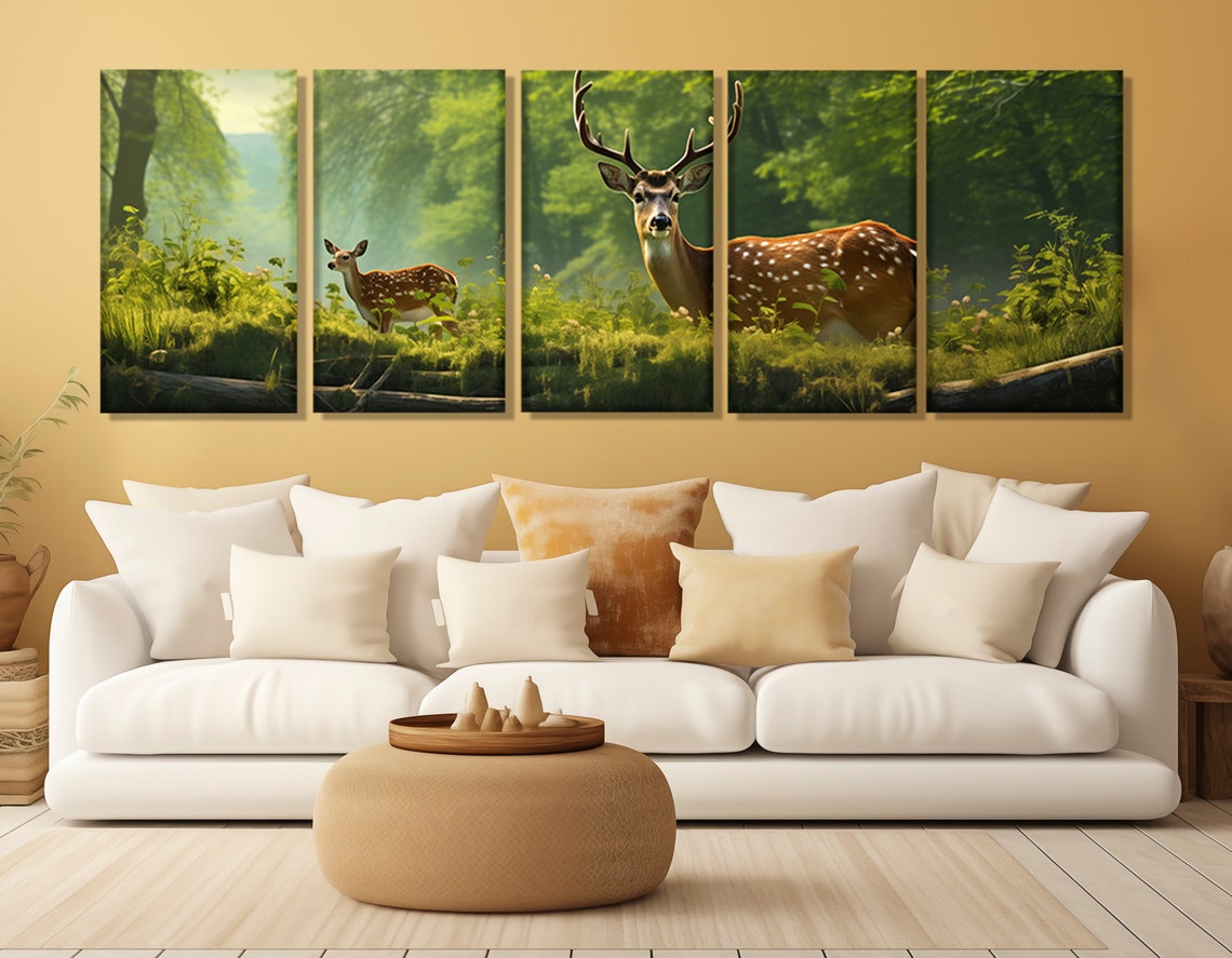 Mother Deer With Fawn In A Forest Painting Print Deers Family Painting Family Wall Art Forest House Decor Framed Ready To Hang - Image 3