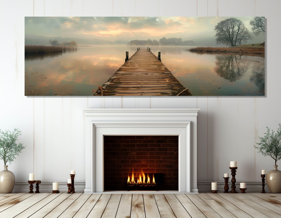 Old Fishing Bridge, Foggy Lake Landscape Art Print