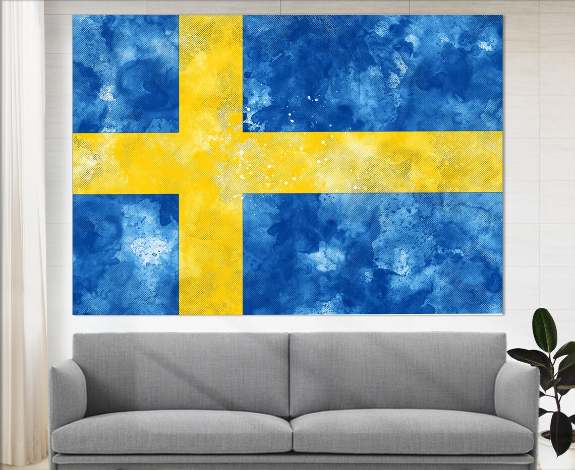 Sweden Flag Grunge Watercolor Yellow Cross Blue Scandinavian Poster