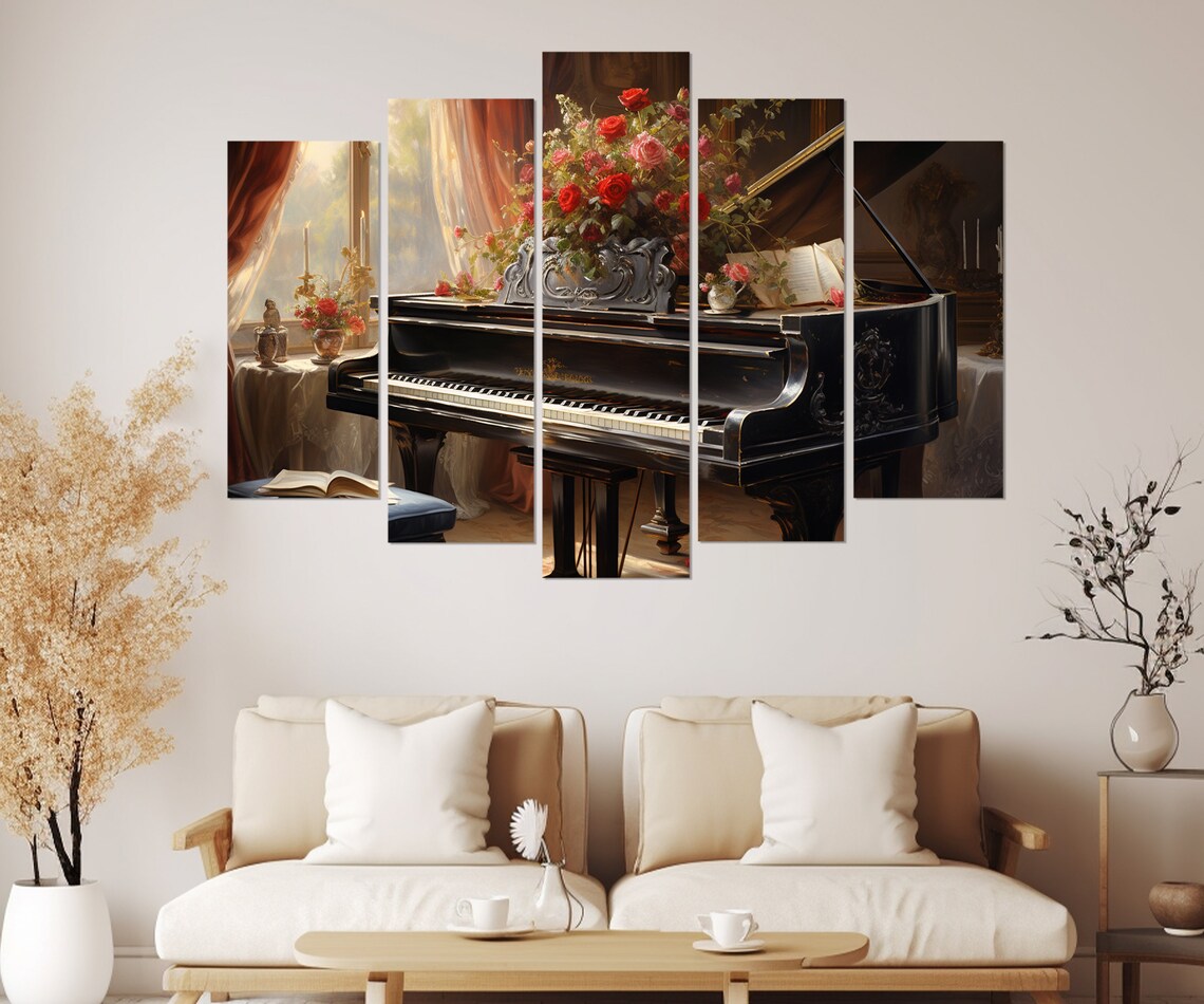 Vintage Grand Piano With Red Roses Elegant Music Room Painting Wall Poster - Image 2