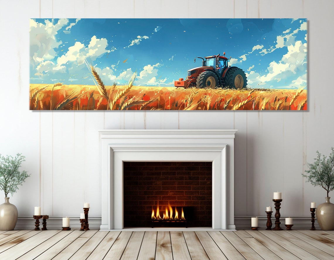 Red Tractor In Golden Wheat Field Bright Blue Sky Farm Decor Poster