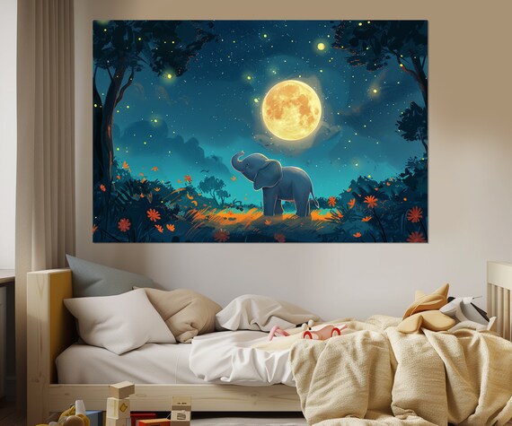 Baby Elephant Looking At Full Moon Forest Night Nursery Wall Art