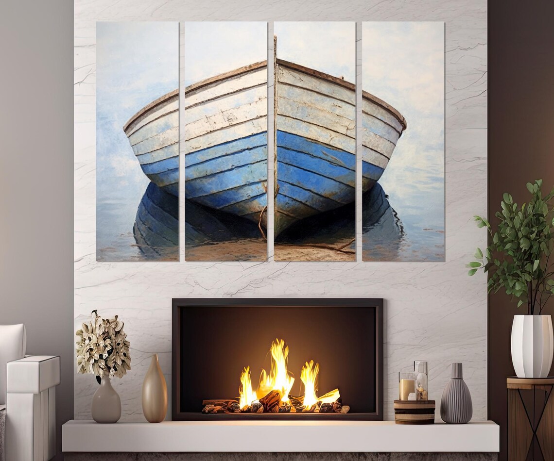 Old Blue Wooden Fishing Boat Weathered Hull Calm Water Art Poster - Image 2