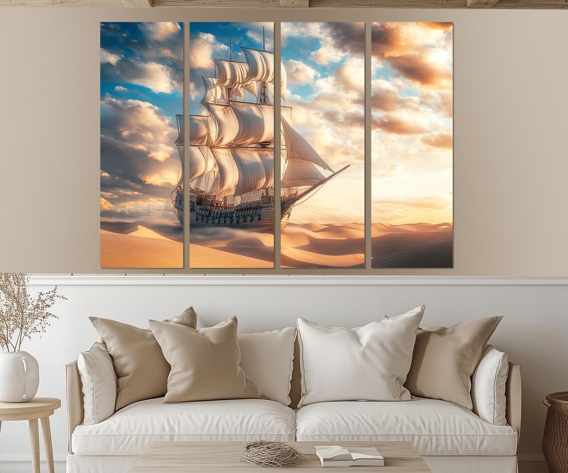 Tall Ship Sailing Golden Sand Dunes Sunset Surreal Painting Poster - Image 2