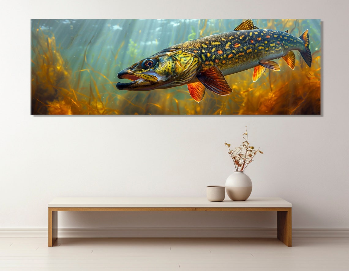 Northern Pike Underwater Golden Weeds Predator Fish Wall Art - Image 2