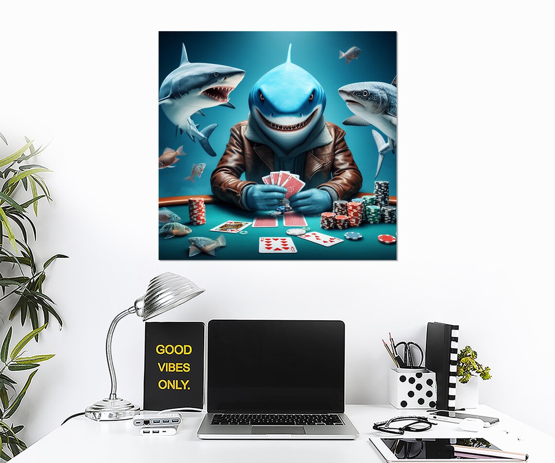Shark in Leather Jacket Playing Poker Underwater Scene Man Cave Poster - Image 3