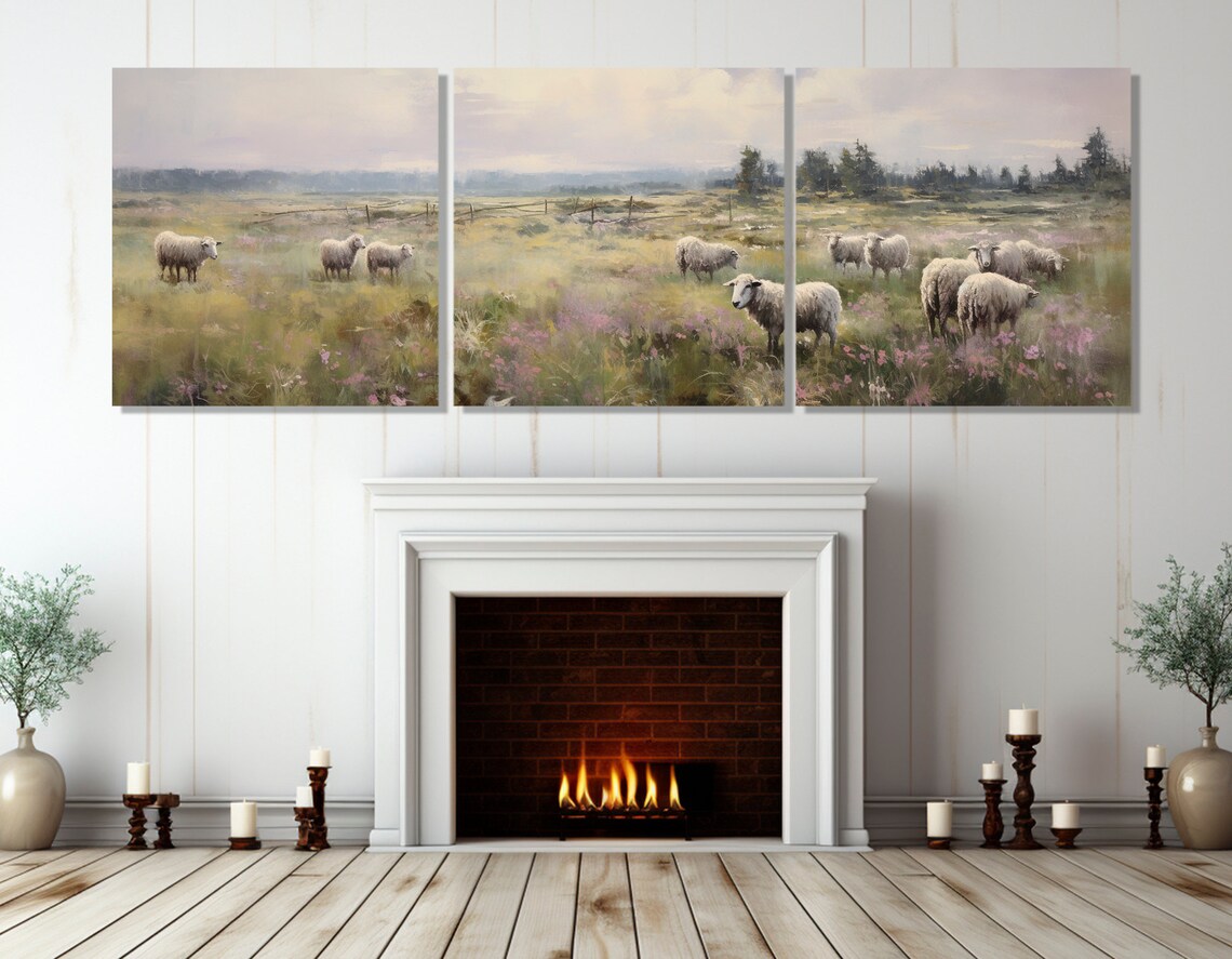 Sheep Grazing In Wildflower Meadow Soft Pastel Farmhouse Scene Poster - Image 4