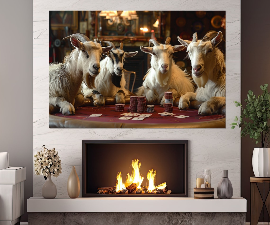 Funny Goats Playing Poker Cards Chips Pub Party Humorous Wall Poster