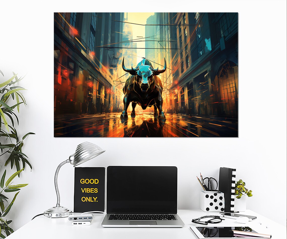 Charging Bull Wall Street City Street Golden Light Painting Poster - Image 2