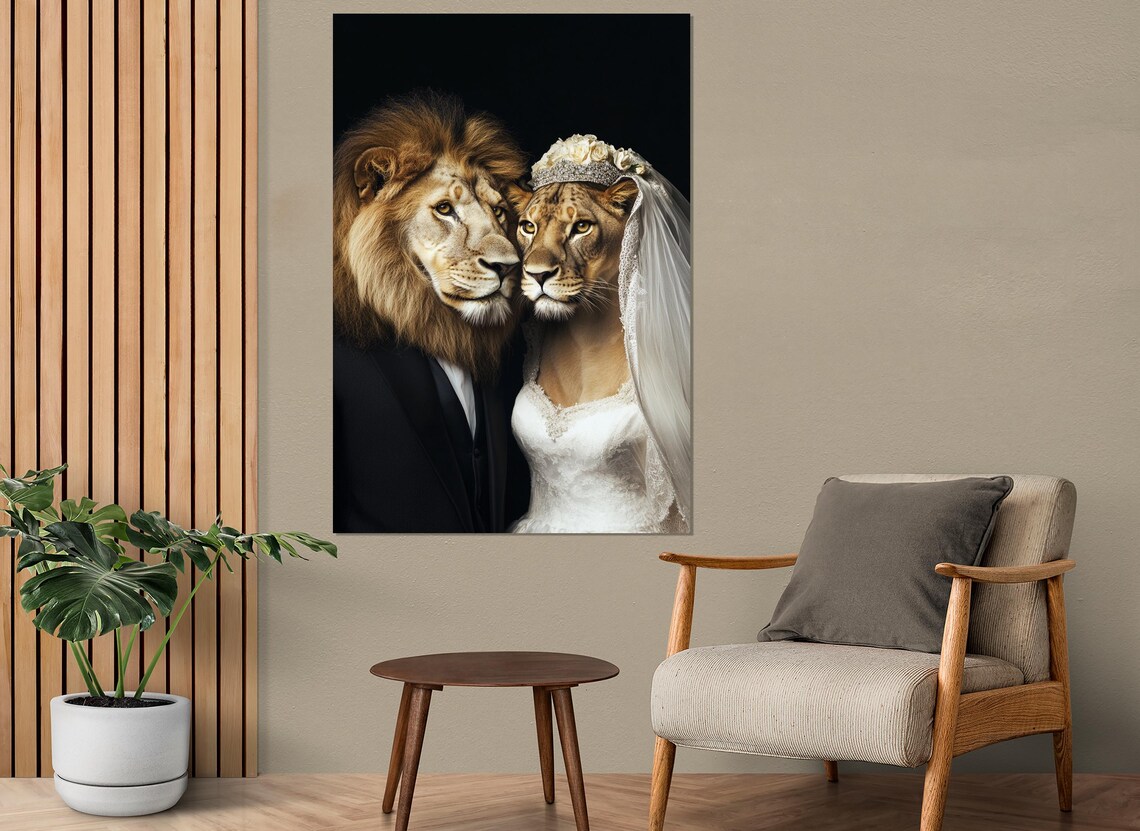 Lion Couple Wedding Portrait Tuxedo Bride Funny Animal Romance Poster - Image 2