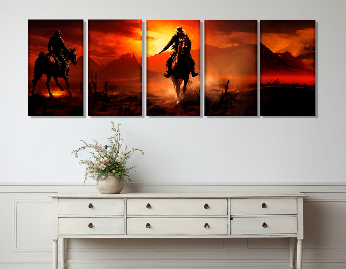 Two Cowboys Riding Horses Through Desert At Sunset Wild West Poster - Image 3