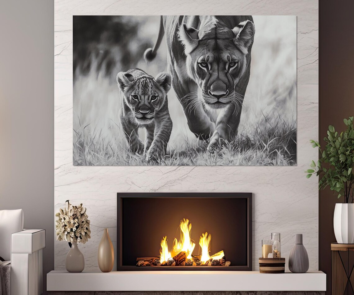 Lioness And Cub Walking Tall Grass Black White Wildlife Art Poster