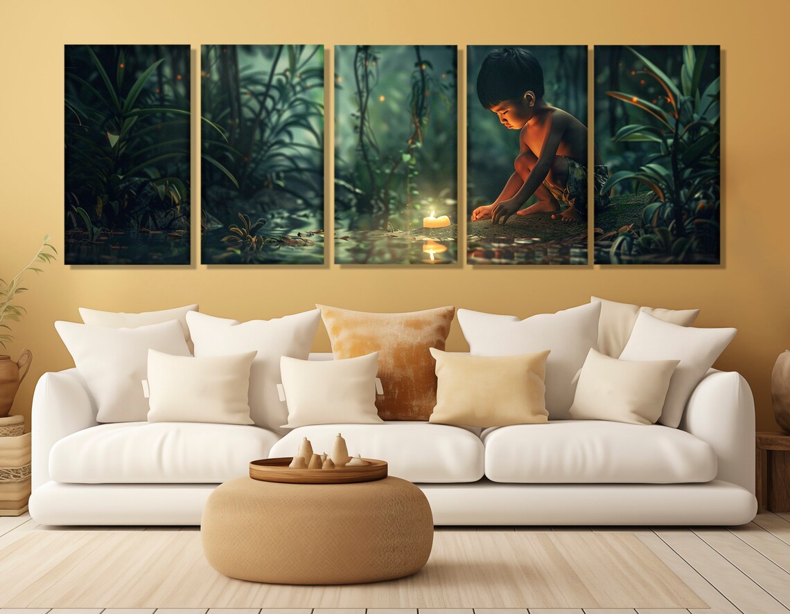 Boy With Candle In Dark Jungle Fireflies Cinematic Moody Poster - Image 3