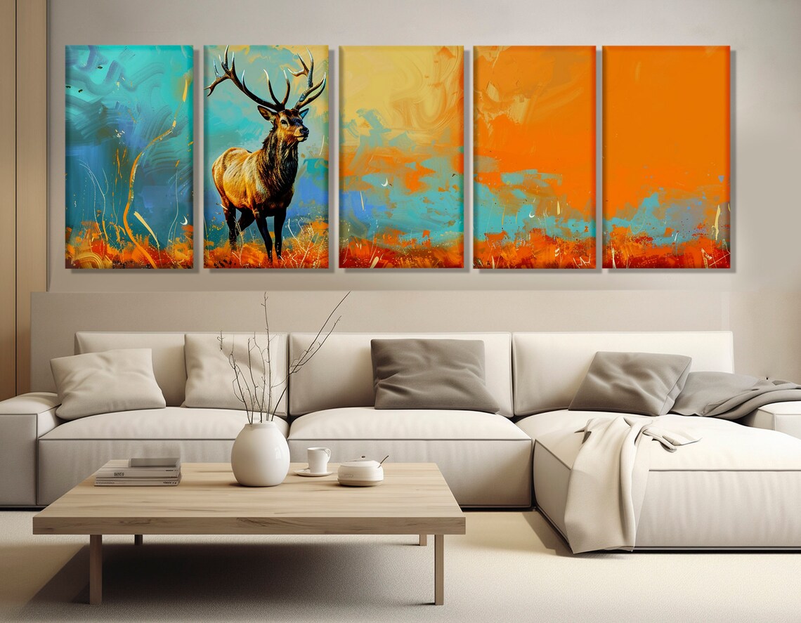 Elk Antlers Turquoise Orange Abstract Sky Wild Stag Painting Poster - Image 2