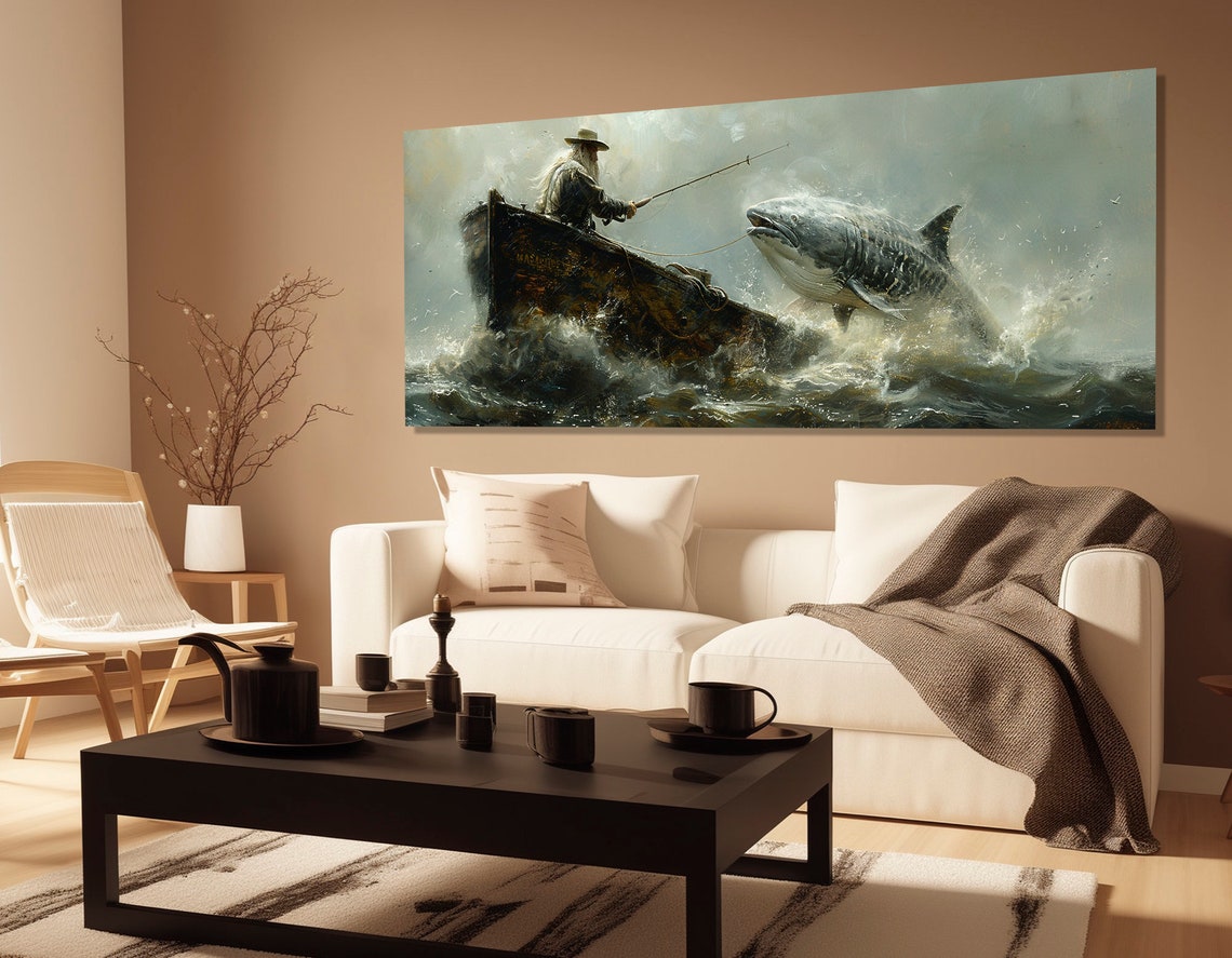 Abstract Fishing Wall Art Old Man Fishing In Stormy Sea Painting Print Fisherman Gift Framed And Ready To Hang - Image 3