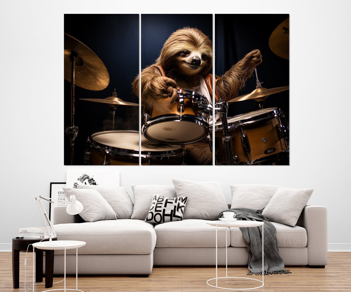 Sloth Drummer Playing Drum Kit On Dark Stage Funny Animal Musician Poster - Image 3