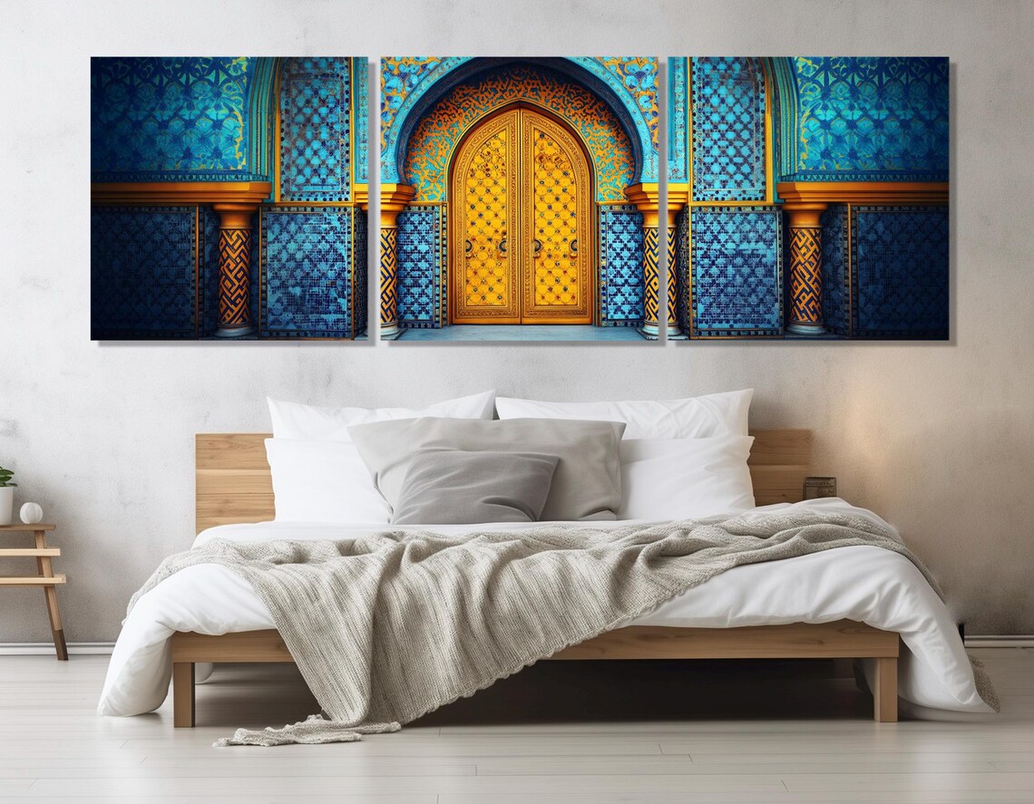Moroccan Style Patterned Door, Gold And Blue Print - Image 2