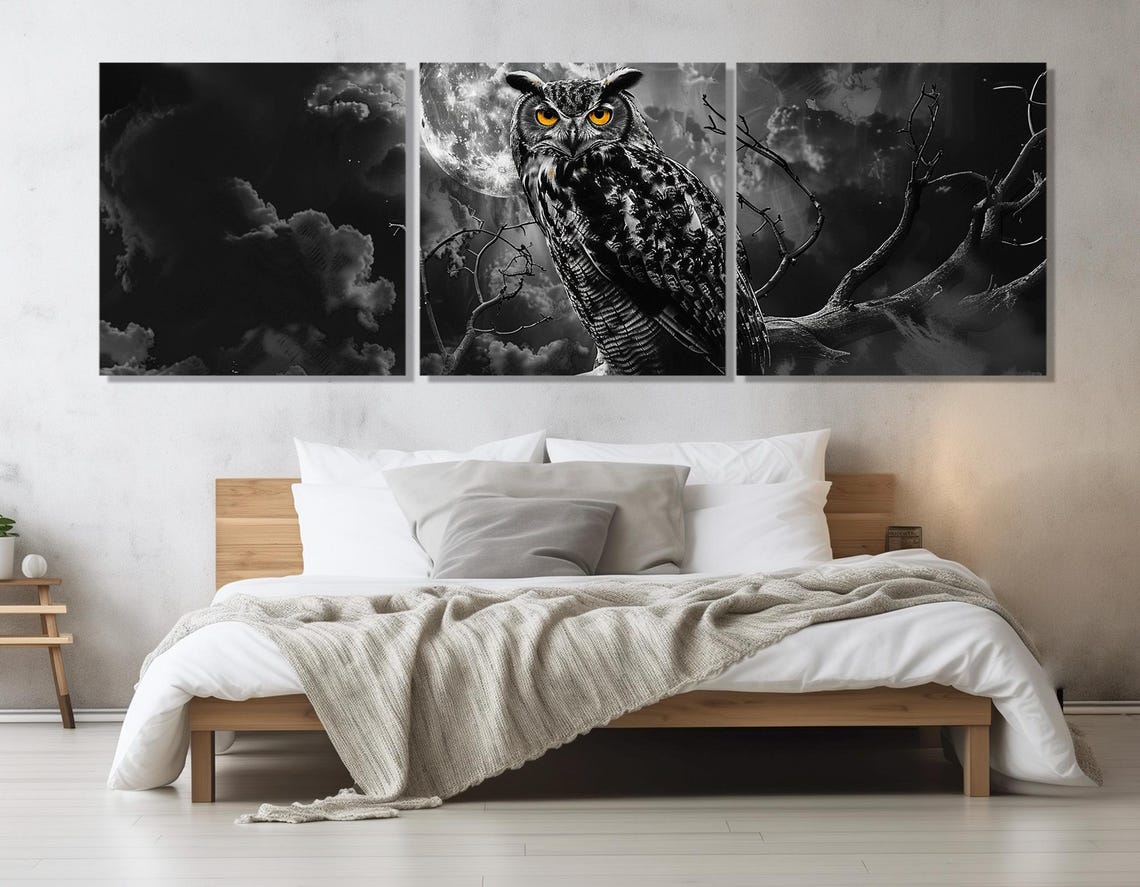 Great Horned Owl Amber Eyes Full Moon Black And White Night Poster - Image 4