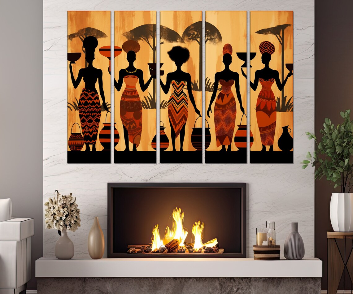 African Women Carrying Water Vessels Savanna Silhouette Poster - Image 4