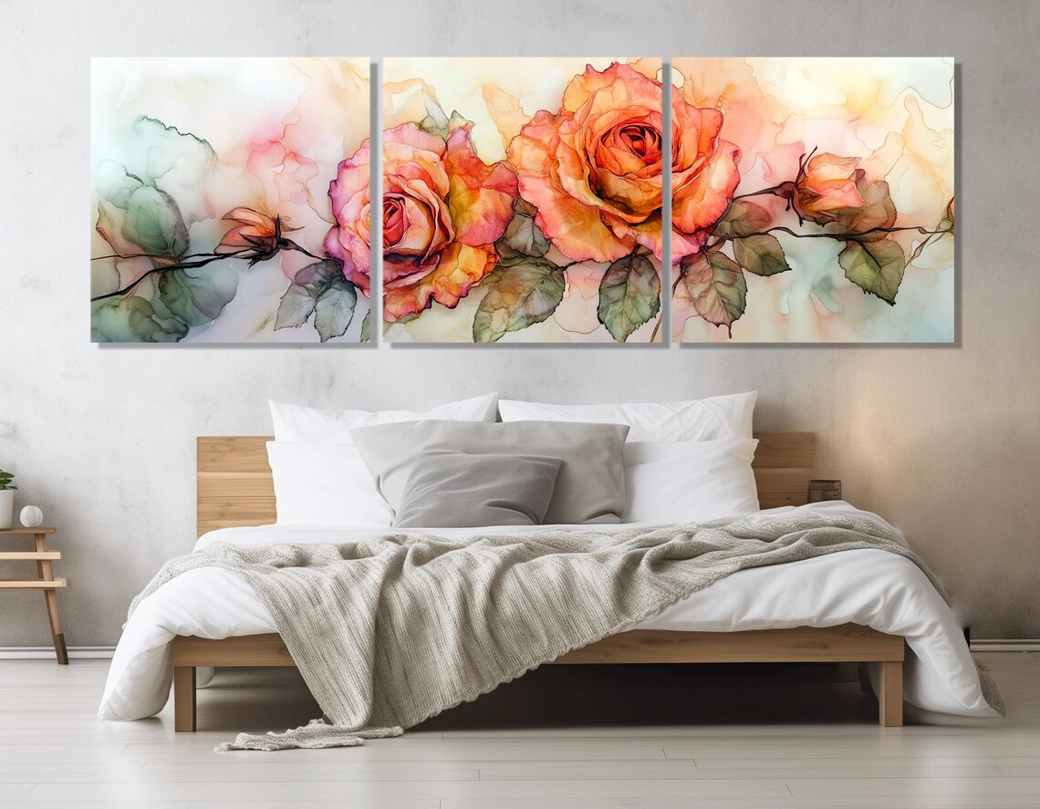 Watercolor Roses Orange Pink Blooming Branch Panoramic Floral Poster - Image 4